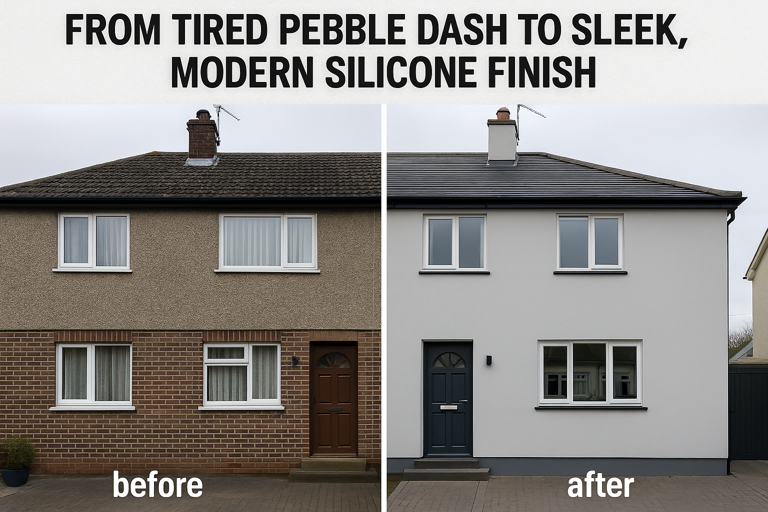 Before and after house rendering transformation from pebble dash to modern silicone finish - RapidRend rendering services Essex Hertfordshire North London