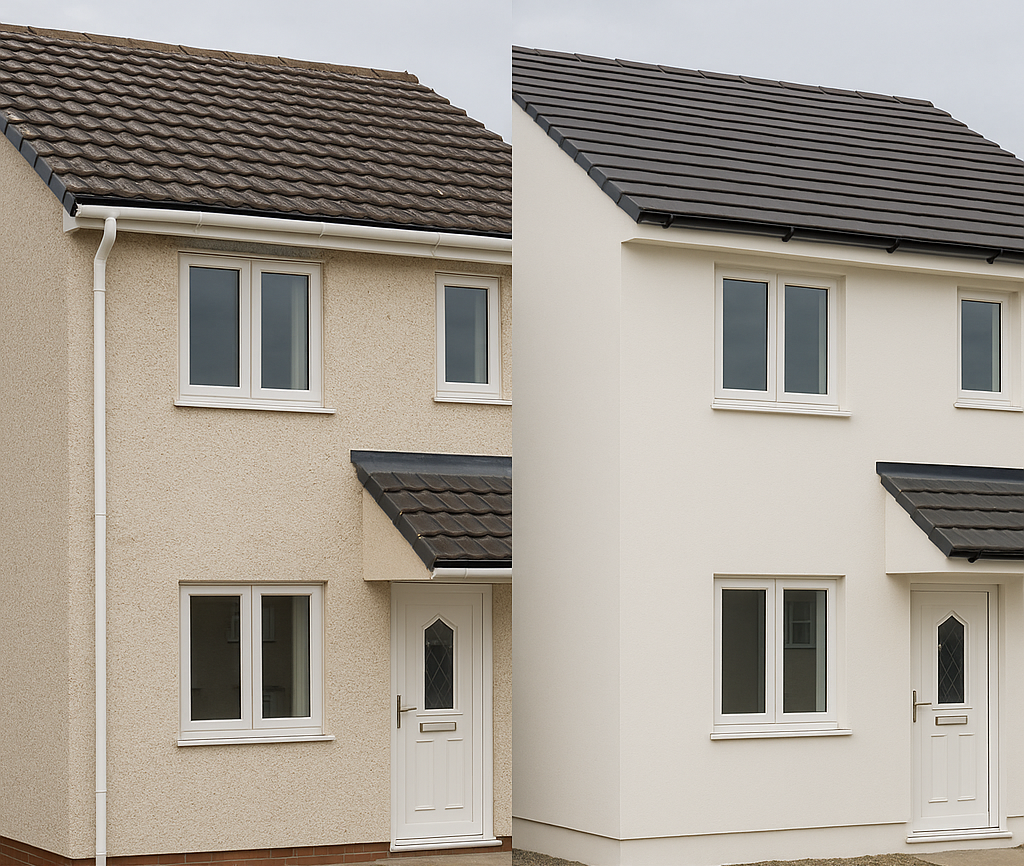 Side-by-side monocouche vs silicone render comparison for house rendering Essex Hertfordshire North London - RapidRend rendering services