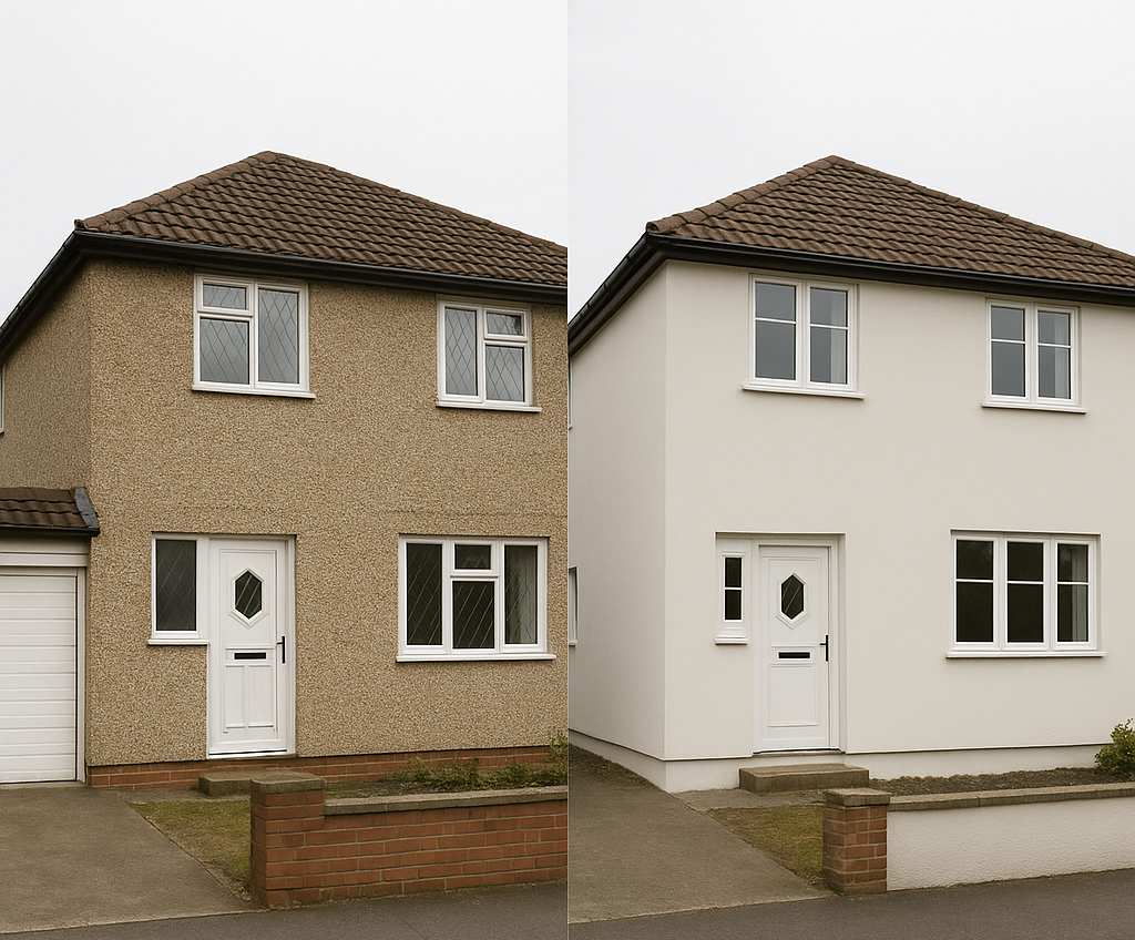 Before and after pebble dash removal transformation to modern silicone render - RapidRend rendering services Essex Hertfordshire North London
